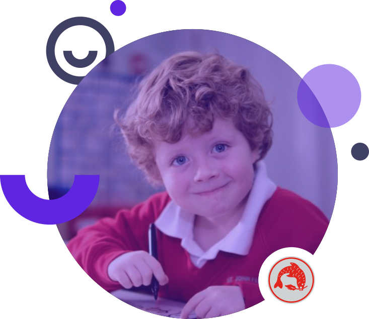 One primary school children smiling and writing